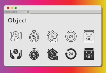 object icon set. included shopping bag, 24-hours, mortgage, discount, stopwatch icons on white background. linear, filled styles.