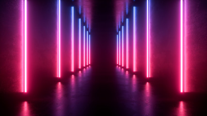 neon light shapes on black background,rainbow colors, empty space,  80's retro style, fashion show stage, abstract background, 3d rendering,conceptual image