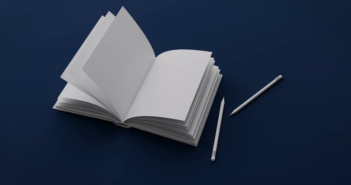 White paper, notebook and pencils lying on a dark blue table. Zoom in on the camera in a spiral. 3d renderer