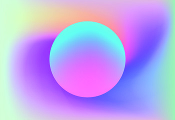 Colorful gradient sphere on iridescent holographic background . Surreal vivid blurred backdrop and wallpaper.