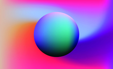 Colorful gradient sphere on iridescent holographic background . Surreal vivid blurred backdrop and wallpaper.