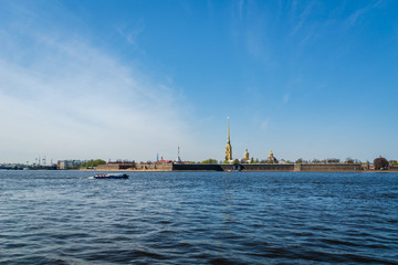 Fototapeta na wymiar Saint Petersburg river view with The Peter and Paul Fortress citadel, aerofoil on Neva river, Saint Petersburg , Russia