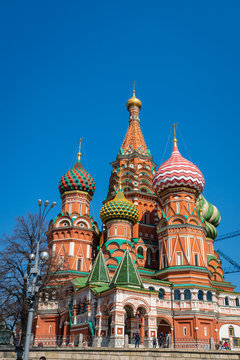  St Basil`s Cathedral on Red Square in Moscow, Russia. St Basil`s temple is one of top tourist attractions of Moscow. Ancient architecture of Moscow.