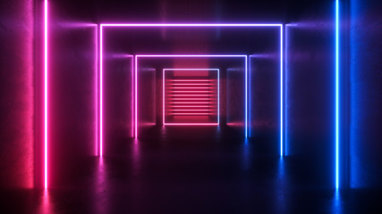 neon light shapes on black background,rainbow colors, empty space,  80's retro style, fashion show stage, abstract background, 3d rendering,conceptual image.