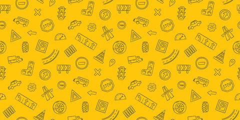 Doodle seamless pattern with cars, road signs, markings and traffic lights. Fabric print. Hand drawn vector illustration on yellow background