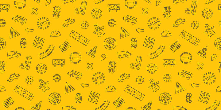 Doodle seamless pattern with cars, road signs, markings and traffic lights. Fabric print. Hand drawn vector illustration on yellow background