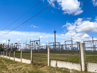 Fototapeta premium High voltage power transformer substation Main Power Plant Energy ideas And energy saving