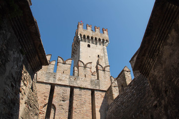 Walls and bridge of Scaliger Castle entrance to old town, Sirmione, Lombardy, Italy.