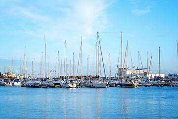Fototapeta na wymiar Helsingborg, Sweden - 14 May 2019: Harbour full of sailboats in Helsingborg, Sweden.