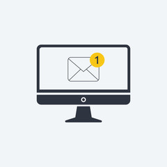 one new message on monitor PC icon. vector symbol in flat style