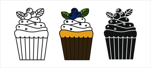 Set of vector cupcakes isolated on white background. Outline, silhouette and colored cupcake. Food design elements for the menu, bakery logo, web, postcards.