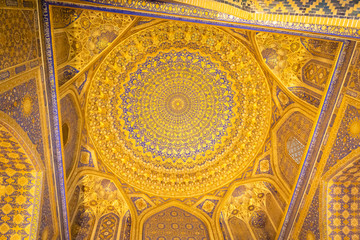 Decoration of Tilya Kori Mosque and Madrasah located in Registan Square, in Samarkand, Uzbekistan, a popular tourist site.