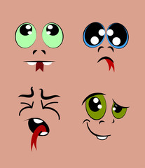 A set of funny faces for a cartoon monster. Thinking, sad, capricious, disappointed. Blue, green, scarlet eyes, squeezed shut.  capricious, whimsical, wayward, freakish, crotchety, fanciful.  annoying