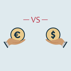 dollar vs euro on hands. vector symbol flat style