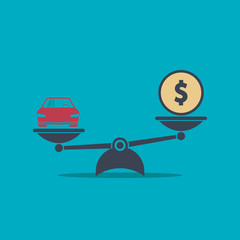 Car and money on scales icon, vector. Scales with car and dollar coin in flat style. Buying car concept.