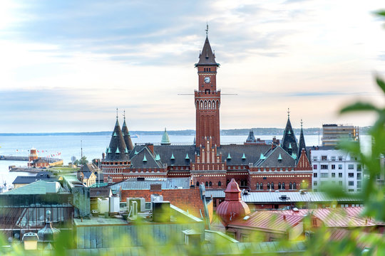 View on City Hall of Helsingborg city and strait between Sweden and Denmark