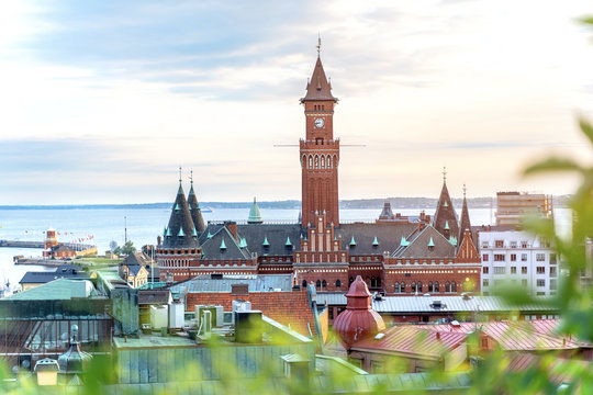 View of the City Hall of Helsingborg city an strait Oresund between Sweden and Denmark