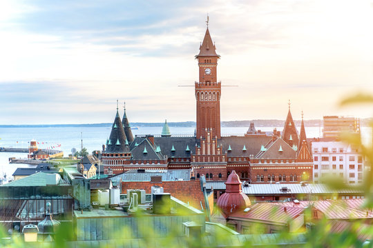 Sunset view on City Hall of Helsingborg and strait between Sweden and Denmark