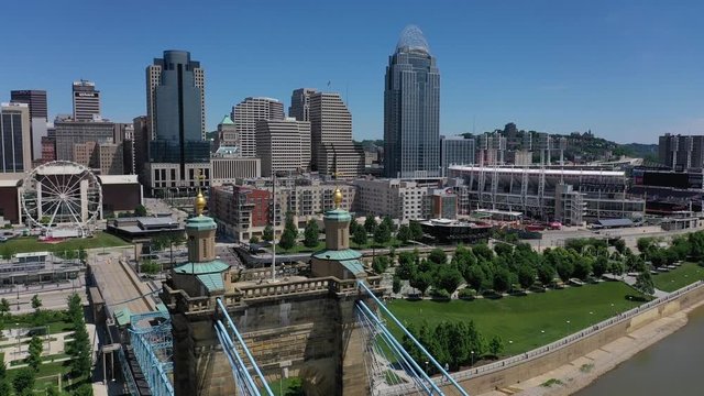 Roebling Bridge North tower, with downtown along the riverfront, Cincinnati, Ohio, USA