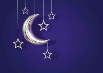 Silver crescent moon and stars on blue background