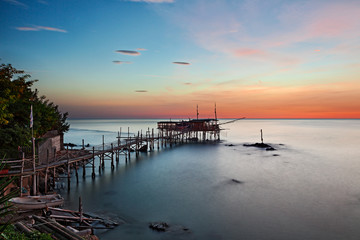 Trabocchi Coast, Chieti, Abruzzo, Italy: landscape of the Adriatic sea coast at dawn with a...