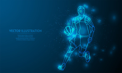 Glowing basketball on blue abstract background. low poly basketball backgraound. lines and triangles on blue background.