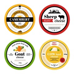 Obraz premium Cheese label. Cow goat sheep dairy products label with branding, milk products design template. Vector rounded labels for packaging natural cheese isolated set