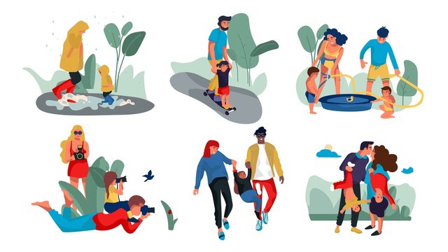 Family outdoor characters. Parents and children trendy cartoon persons spending time together and doing outdoor activities. Vector isolated illustrations group happy people