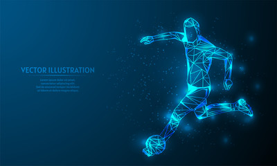 Glowing soccer on blue abstract background. low poly soccer  backgraound. lines and triangles on blue background.