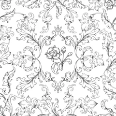 Badkamer foto achterwand Wit Barok ornamentpatroon. Decoratieve bloemenrandelementen met gegraveerde bladeren, vintage Victoriaanse naadloze textuur. Vector heraldisch behang