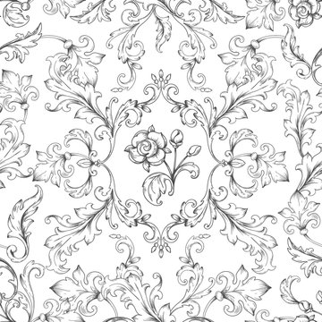 Baroque ornament pattern. Decorative floral border elements with engraved leaves, vintage victorian seamless texture. Vector heraldic wallpaper