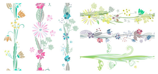 Very beautiful vector set of isolated on white floral horisontal endless brushes in bright colors - yellow, pink, green, blue