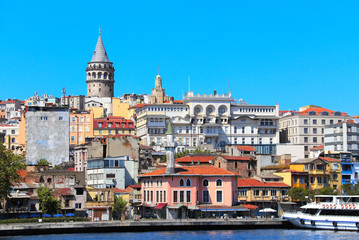 View from water on Galata Tower and Beyoglu district, Istanbul, Turkey