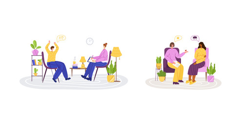 Fototapeta premium Psychological services - personal support, assistance in office or at home. Upset girl and man in trouble talking with psychologist doctor, individual helpful therapy session, consultation vector set