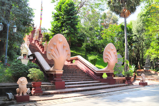 Statues of nagas on the stairs, Wat Phnom, Phnom Penh, Cambodia
