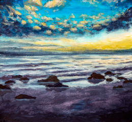 Fototapeta na wymiar Modern acrylic oil painting on canvas - evening sunset on sea river beach. Beautiful clouds in sky over evening water