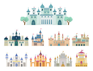 Fototapeta premium Medieval castle set. Ancient castle, citadel with arches, fortress with minarets, royal palace, gothic and renaissance buildings with gates, historical, fantasy design. Vector graphics in flat style.