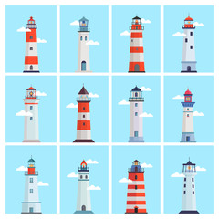 Lighthouse sea set. Tower with a spotlight on the coast for marine navigation, red with white stripes, clouds on a blue sky, a landmark of maritime security. Vector graphics in flat style.