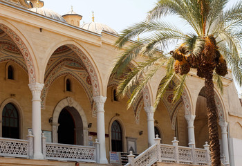 Mosque, minarets and dome. The largest mosque on the Antalya coast.Beautiful  Mediterranean architecture. Sights of the Antalya coast.