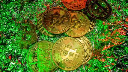 Many gold Bitcoins with green light. Top view angle. Halving. BTC. Gold coins on the table. Trading on crypto market