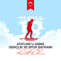 Turkish national holiday illustration banner 19 mayis Ataturk'u Anma, Genclik ve Spor Bayrami, tr: 19 may Commemoration Ataturk, Youth and Sports Day, White and red graphic design Turkish holiday card