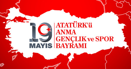 Turkish national holiday illustration banner 19 mayis Ataturk'u Anma, Genclik ve Spor Bayrami, tr: 19 may Commemoration Ataturk, Youth and Sports Day, White and red graphic design Turkish holiday card