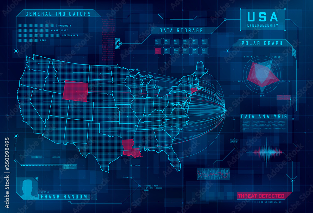 Poster hud map of the usa. set of hud callout design elements. cyberattack, system under threat, ddos attac