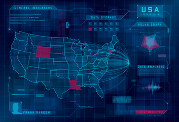 HUD map of the USA. Set of HUD callout design elements. Cyberattack, system under threat, DDoS attack. Cybersecurity, information security, big data analytics, safety system. Vector