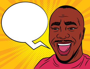 Color vector illustration in comic pop art style. Joyful male face with a speech bubble in the background. African American man with open mouth. Close-up of a satisfied man's face