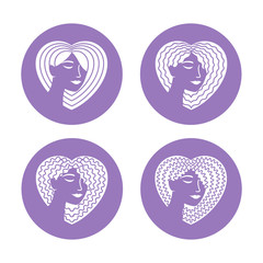 Creative Icons for makeup, beauty, fashion and hairstyle related business. Beautiful woman's faces with loose straight, wavy, curly, kinky hair on a head into the shape of a heart. Vector illustration