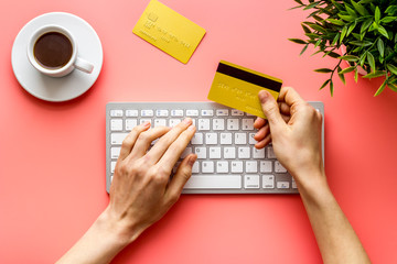 Payment by credit card. Hand enter data on keyboard top view