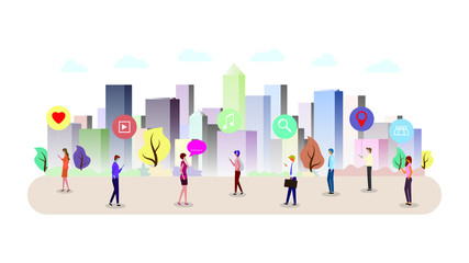 Obraz premium People in the city are using mobile phone or smartphones. Isolated, white background. Flat style vector illustration. Social network technology concept.