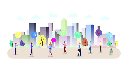 People in the city are using mobile phone or smartphones. Isolated, white background. Flat style vector illustration. Social network technology concept.