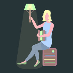 Blonde girl student holds portable lamp and stack of interesting novels. Read more books concept. Flat vector trendy illustration isolated on dark background. Reading at night and study everywhere.